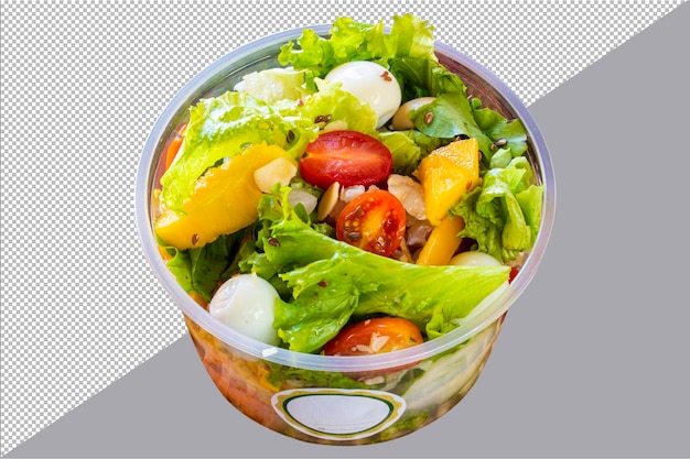 Ensalada de verduras con frutas en envases desechables.