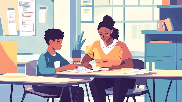 PSD un enseignant aide un élève à faire ses devoirs à la table.