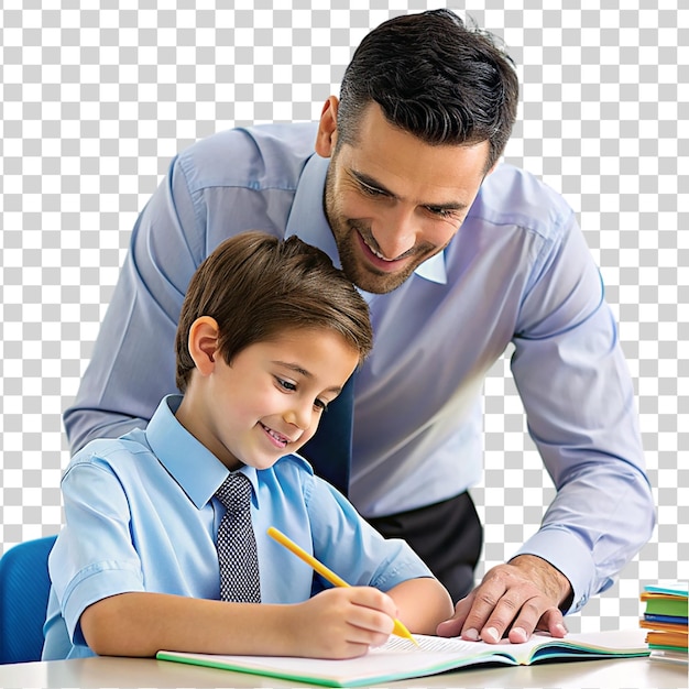 PSD un enseignant et un garçon écrivent ensemble dans un livre jour des enseignants isolé sur un fond transparent
