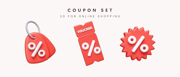 Ensemble 3d de réduction de coupon rouge pour faire du shopping en ligne icône de concept isolé sur fond blanc illustration de rendu 3d Tracé de détourage