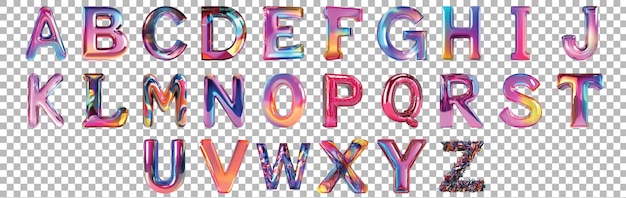 Ensemble d'alphabets de A à Z dans un style de verre abstrait brillant sur un fond transparent pour des conceptions modernes, des marques futuristes ou des applications de typographie élégante