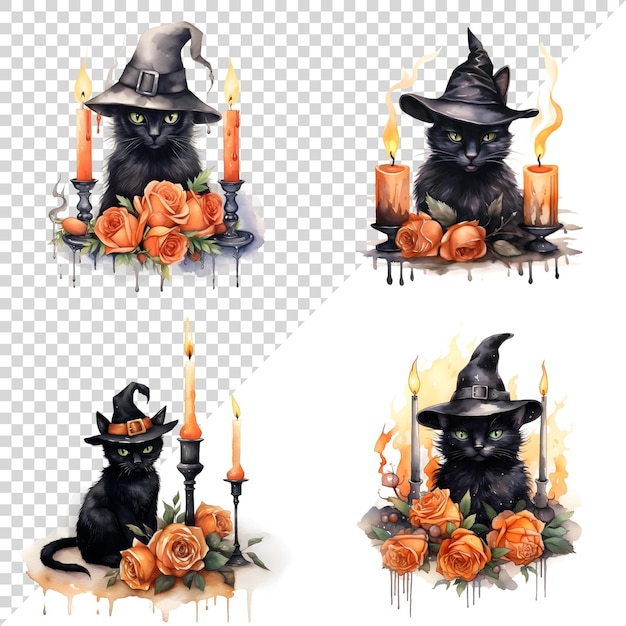 PSD un ensemble d'aquarelles d'halloween mignon chats noirs bougies et fleurs sur un fond transparent