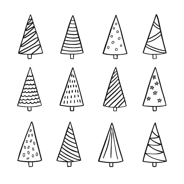 Un ensemble d'arbres de Noël dessinés à la main.
