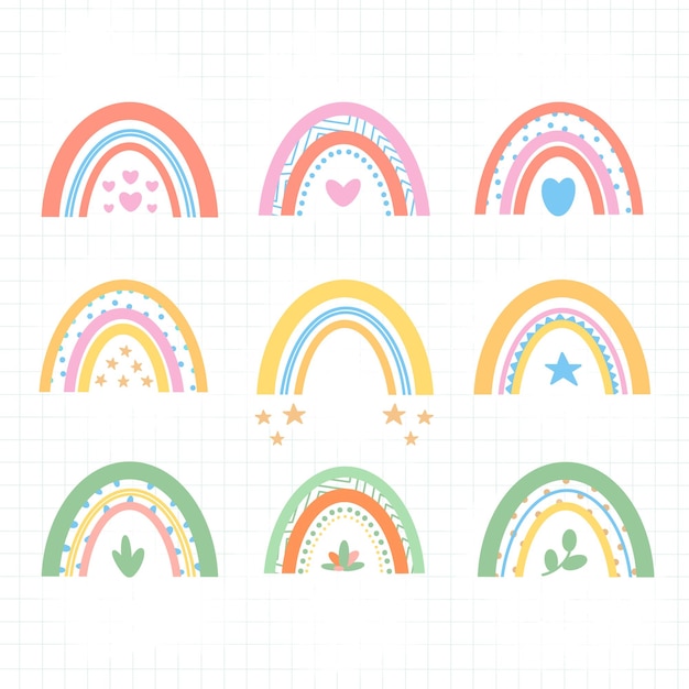 Un ensemble d'arc-en-ciel scandinave minimaliste multicolore dans le style doodle