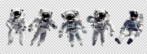 Ensemble d'astronaute dans une combinaison spatiale isolé sur fond transparent diverses poses png psd