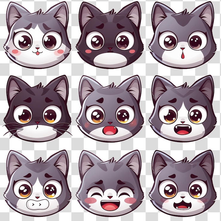 PSD un ensemble d'autocollants emoji de chats mignons sur un fond transparent