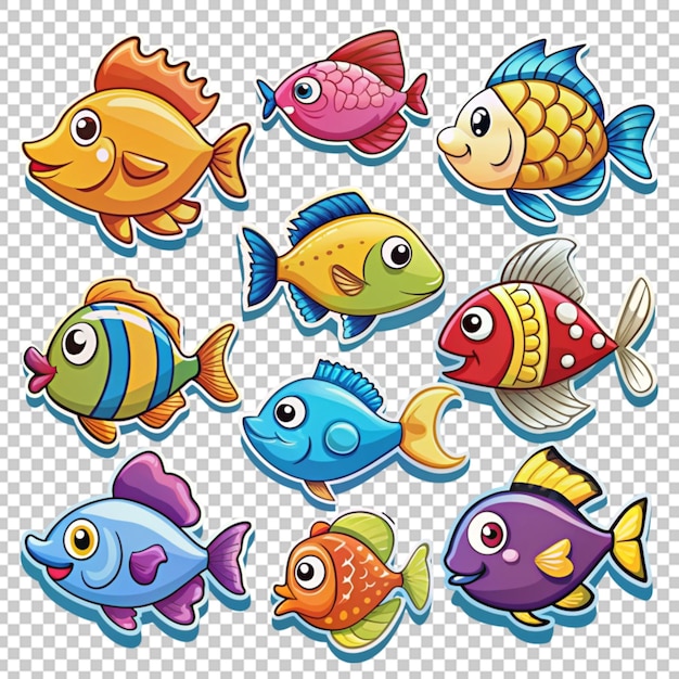 PSD un ensemble d'autocollants de poissons dessinés