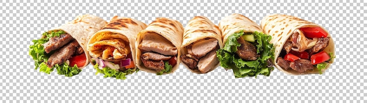 PSD ensemble de baguette de kebab turc avec une portion généreuse de légumes et de viande de veau ou de poulet bien grillée sur un fond transparent