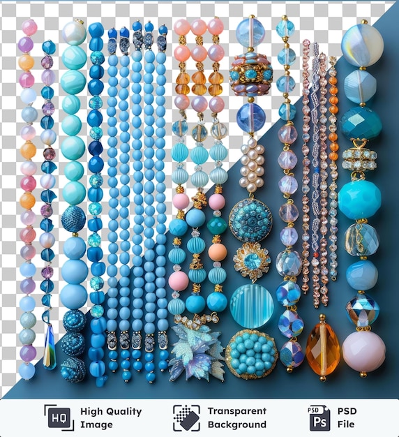 PSD un ensemble de bijoux et de perles transparent affiché sur une table bleue avec une variété de colliers en argent, or et bleu ainsi qu'une boule bleue