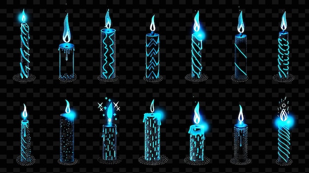 un ensemble de bougies bleues et vertes avec des lumières bleues et jaunes