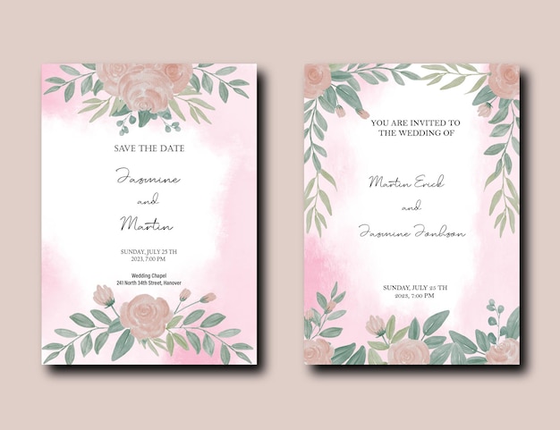 Ensemble de carte d'invitation de mariage avec paquet de fleurs et de feuilles de pivoine
