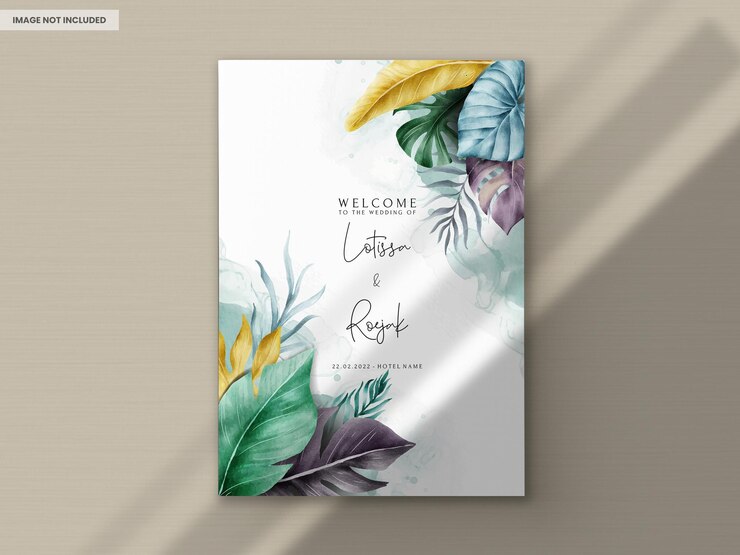 PSD ensemble de cartes d'invitation de mariage aquarelle feuilles tropicales exotiques