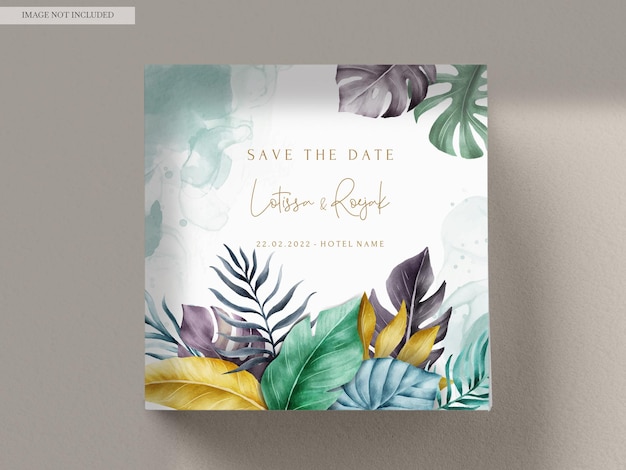 PSD ensemble de cartes d'invitation de mariage aquarelle feuilles tropicales exotiques