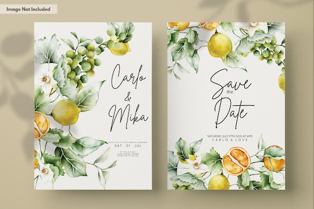 PSD ensemble de cartes d'invitation de mariage avec un citron et des fleurs