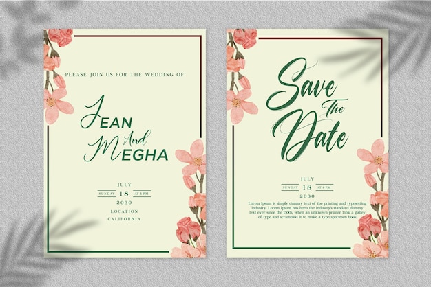 Ensemble De Cartes D'invitation De Mariage Floral Aquarelle Douce Psd