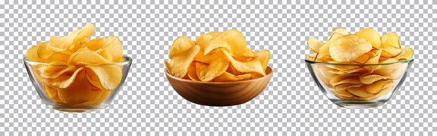 PSD ensemble de chips de pommes de terre dans un bol isolé sur un fond transparent