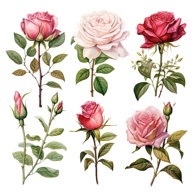 Ensemble De Clipart De Fleur De Rose à L'aquarelle Isolé Sur Un Fond Transparent