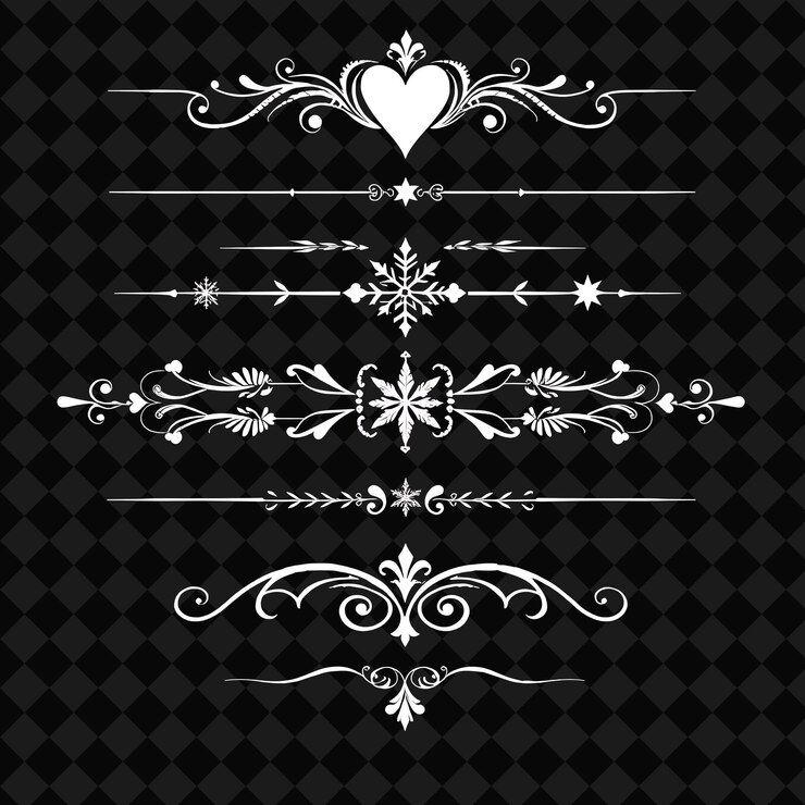 PSD un ensemble de cœurs, de flocons de neige, d'étoiles et de petits tourbillons, blanc glacé avec un bleu profond de minuit, art déco.