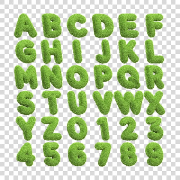 PSD ensemble complet de lettres de l'alphabet et de chiffres de zéro à neuf avec une texture d'herbe verte luxuriante