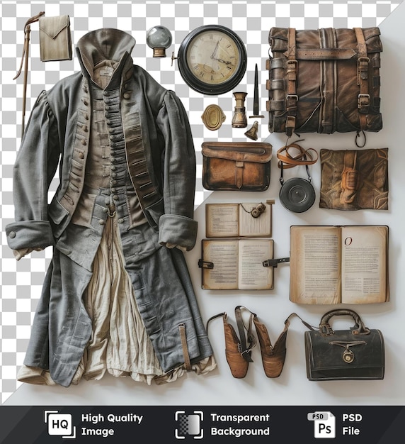 Ensemble De Costumes Et D'accessoires De Reconstitution Historique Haut De Gamme Exposé Sur Un Mur Blanc Accompagné D'un Livre Ouvert, D'une Horloge Noire Et D'une Chaussure Brune