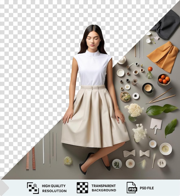 un ensemble de couture et de conception de mode de qualité professionnelle exposé sur un mur blanc avec une robe blanche, des cheveux noirs et bruns et une fleur jaune dans un vase en verre transparent