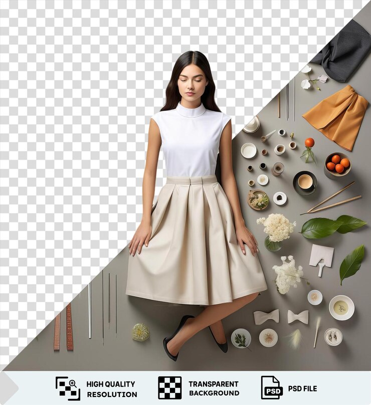 PSD un ensemble de couture et de conception de mode de qualité professionnelle exposé sur un mur blanc avec une robe blanche, des cheveux noirs et bruns et une fleur jaune dans un vase en verre transparent