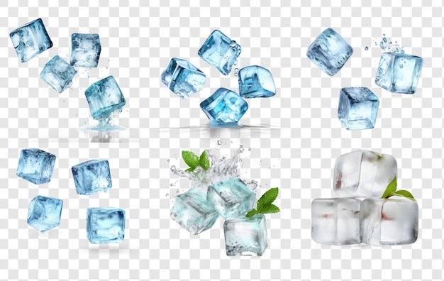 ensemble de cubes de glace groupés avec un ressort d'éclaboussure d'eau sur un fond transparent PSD