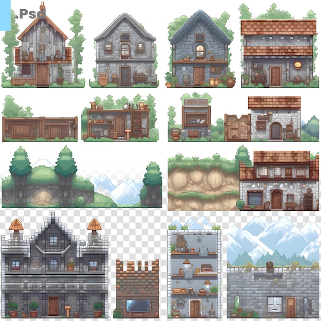 Ensemble De Différentes Maisons Dans La Forêt Style De Dessin Animé Illustration Vectorielle Modèle Psd