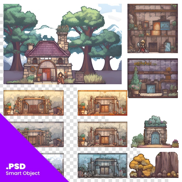 PSD ensemble de différentes maisons de dessins animés dans la forêt illustration vectorielle pour votre modèle psd de conception