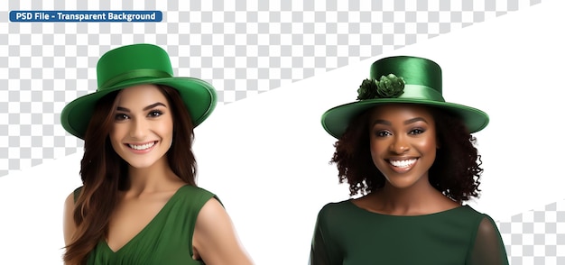 PSD ensemble de diverses filles irlandaises happy woman avec chapeau et robe verte pour la célébration de la saint-patrick