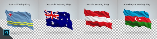 PSD ensemble de drapeaux d'aruba, australie, autriche, azerbaïdjan drapeau sur transparent