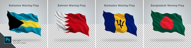 Ensemble de drapeaux des Bahamas, Bahreïn, Bangladesh, Barbade Drapeau sur transparent