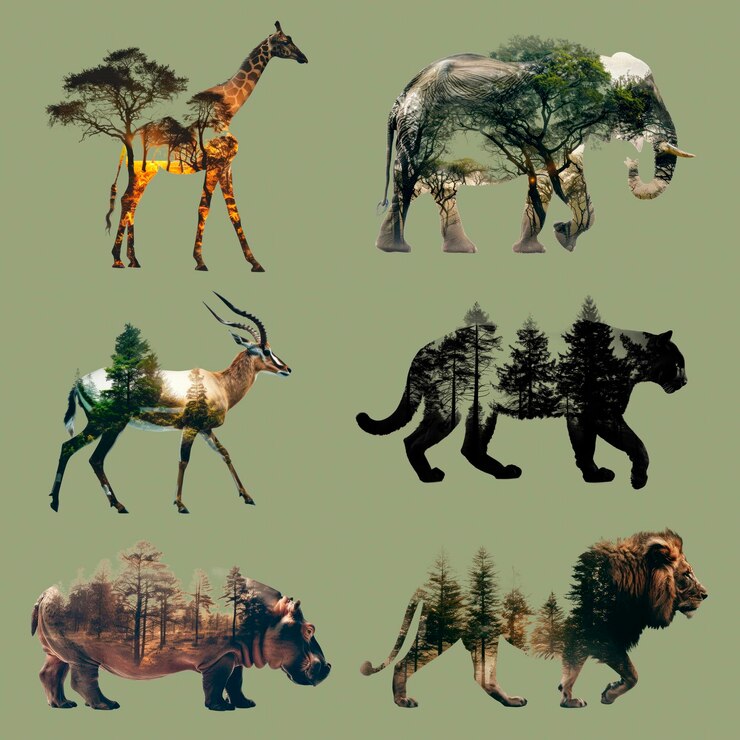 PSD ensemble d'éléments de conception à double exposition des animaux de safari forestiers (psd)