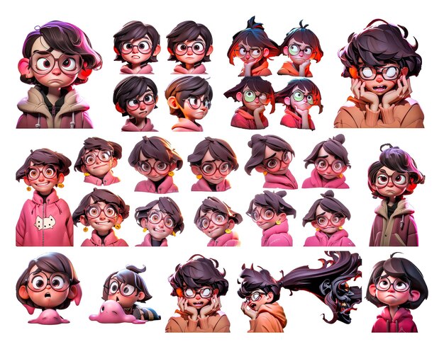 PSD un ensemble d'émoticônes d'emoji d'un personnage de petite fille mignonne avec plusieurs poses et expressions