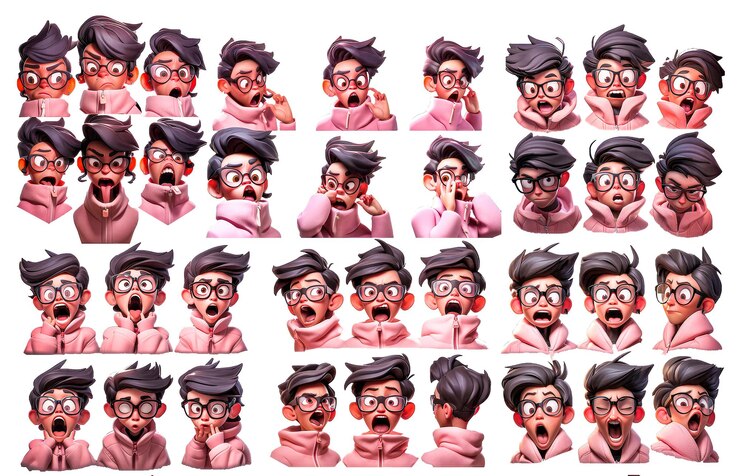 PSD un ensemble d'émoticônes d'emoji d'un petit garçon mignon avec de multiples poses et expressions