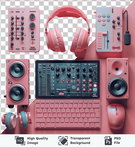 PSD un ensemble d'équipement de dj de musique électronique de haute technologie avec un clavier rose, des écouteurs gris et argentés et un bouton rouge sur un mur rose.