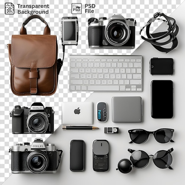 PSD un ensemble d'équipements de technologie nomade numérique avec une caméra argentée, un clavier blanc et un stylo noir sur un fond transparent