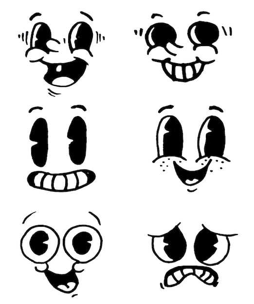 Un ensemble d'expressions faciales dans le style groovy des dessins animés