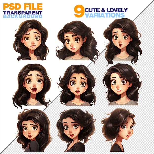 Ensemble D'une Femme Aux Cheveux Noirs Style Dessin Animé Pixar Diverses Poses