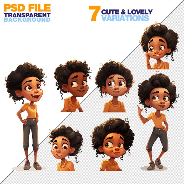 PSD ensemble d'une femme noire style de dessin animé pixar coloré diverses poses fond transparent