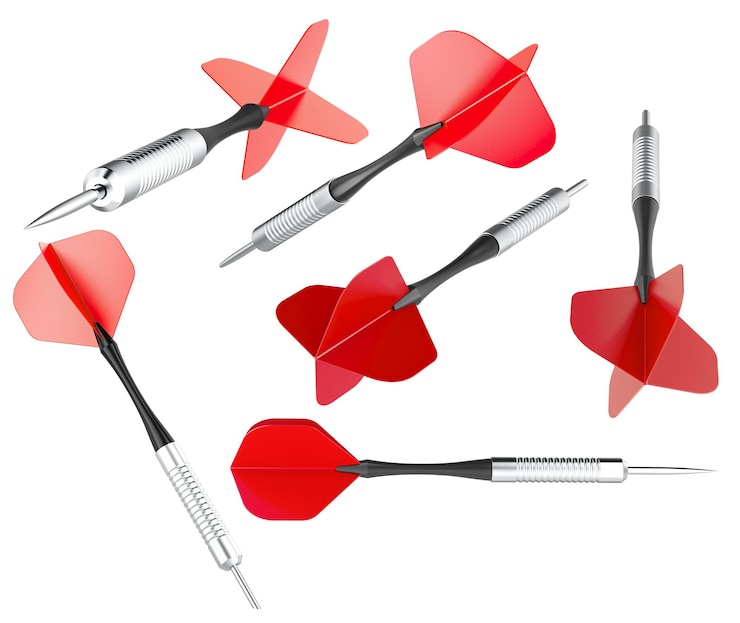 PSD ensemble de fléchettes rouges différentes vues et angles de rendu 3d isolés sur un fond transparent