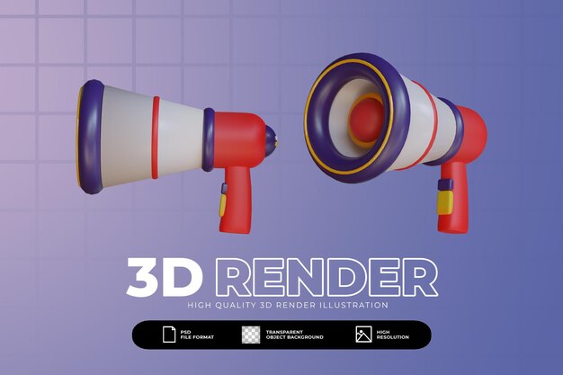 PSD ensemble de haut-parleurs mégaphone coloré rendu 3d