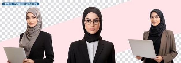 PSD ensemble de hijab et de lunettes de femmes d'affaires islamiques souriantes avec des ordinateurs portables