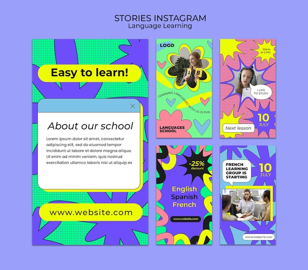 PSD ensemble d'histoires instagram d'apprentissage des langues