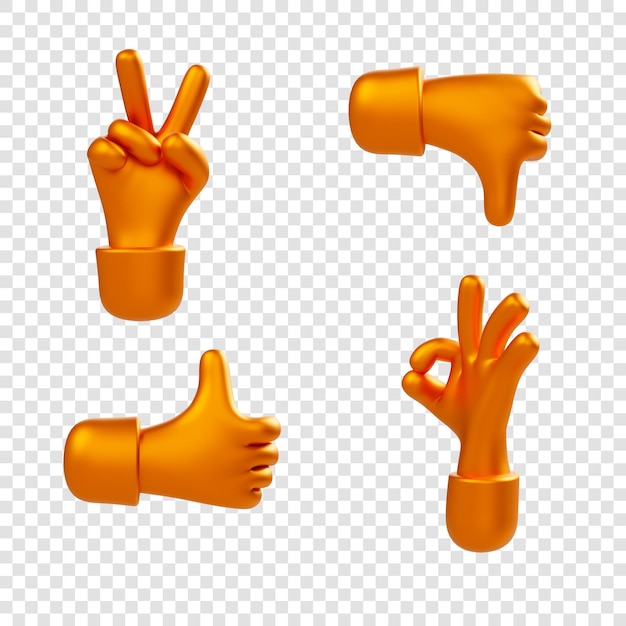 PSD ensemble d'icône de mains 3d dessin animé or, gestes de la main, rendu 3d