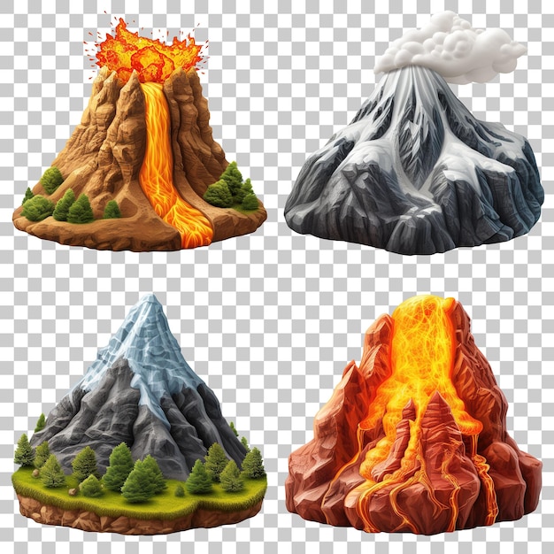 PSD un ensemble d'icônes 3d d'éruption volcanique isolées sur un fond transparent