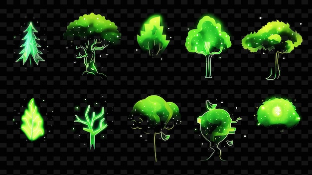 PSD un ensemble d'icônes d'arbres avec une luminescence scintillante en 16 bits png iconic y2k shape art decorative