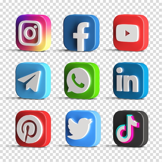 Ensemble d'icônes de logo de médias sociaux brillant populaire collection pack créateur de scène rendu 3d isolé