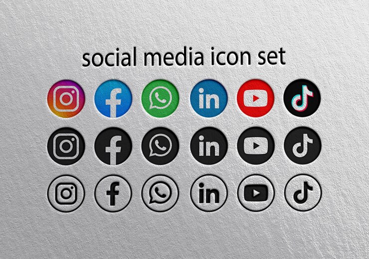 PSD un ensemble d'icônes de médias sociaux avec les logos instagram facebook whatsapp linkedin youtube et tiktok