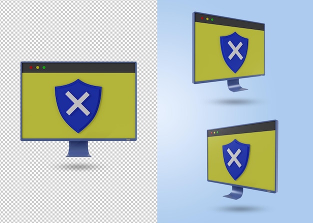 Ensemble D'icônes De Moniteur Et De Bouclier Avec Concept Non Protégé De Virus Croisé Fichier Psd De Rendu 3d